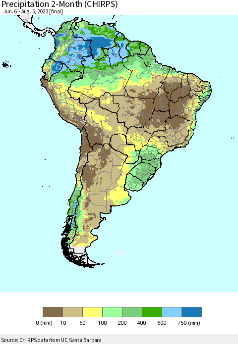 South America Precipitation 2-Month (CHIRPS) Thematic Map For 6/6/2023 - 8/5/2023