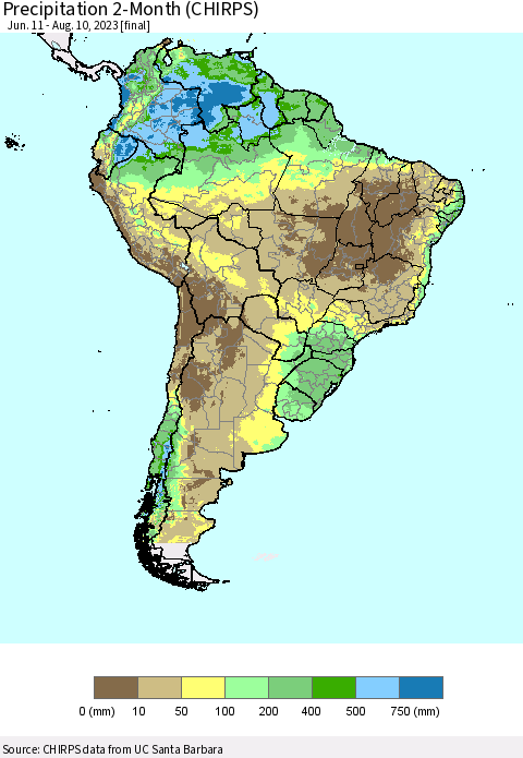 South America Precipitation 2-Month (CHIRPS) Thematic Map For 6/11/2023 - 8/10/2023