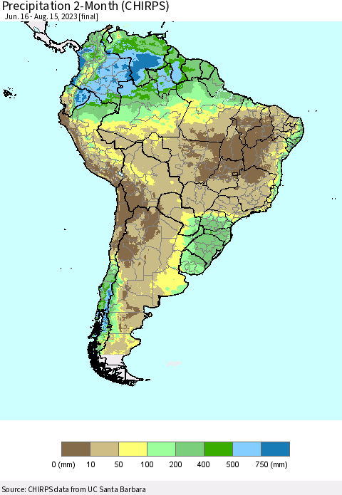 South America Precipitation 2-Month (CHIRPS) Thematic Map For 6/16/2023 - 8/15/2023
