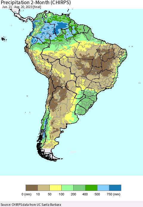 South America Precipitation 2-Month (CHIRPS) Thematic Map For 6/21/2023 - 8/20/2023