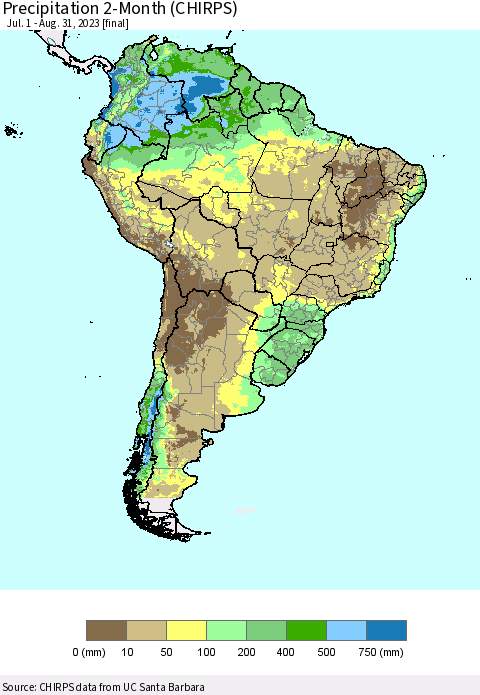 South America Precipitation 2-Month (CHIRPS) Thematic Map For 7/1/2023 - 8/31/2023