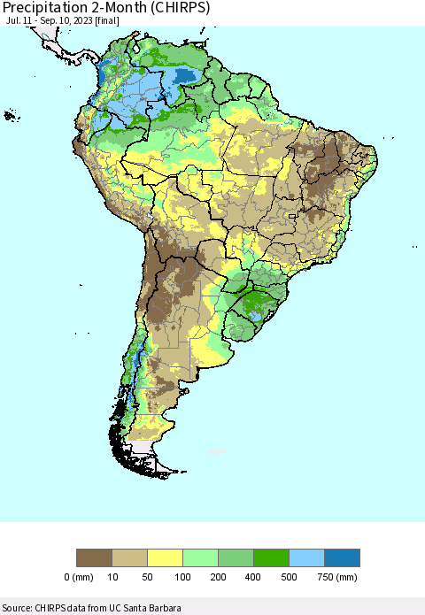 South America Precipitation 2-Month (CHIRPS) Thematic Map For 7/11/2023 - 9/10/2023