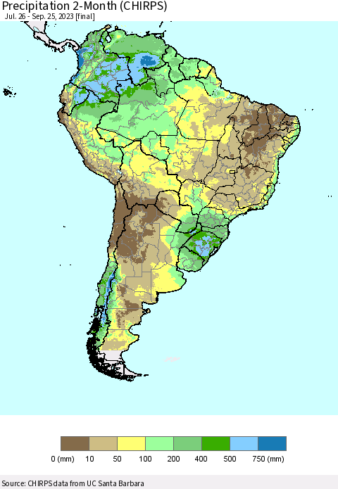 South America Precipitation 2-Month (CHIRPS) Thematic Map For 7/26/2023 - 9/25/2023