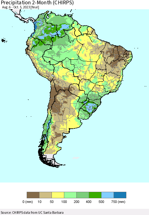 South America Precipitation 2-Month (CHIRPS) Thematic Map For 8/6/2023 - 10/5/2023