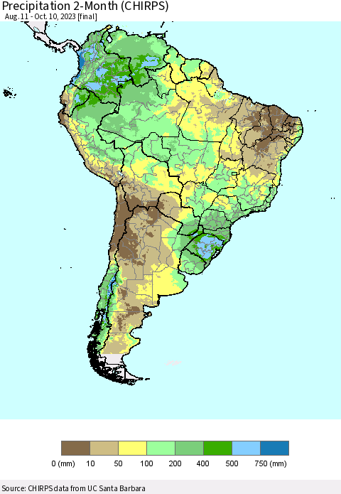 South America Precipitation 2-Month (CHIRPS) Thematic Map For 8/11/2023 - 10/10/2023