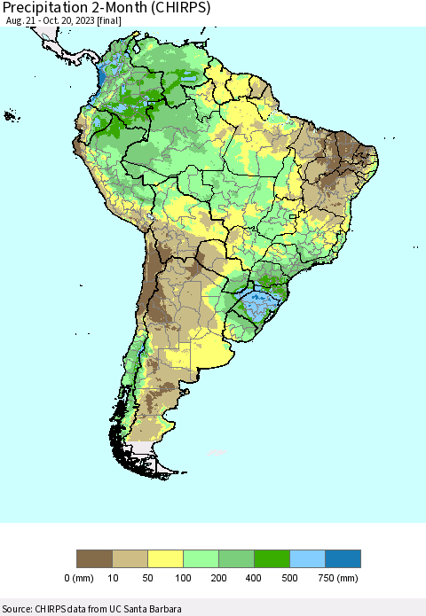 South America Precipitation 2-Month (CHIRPS) Thematic Map For 8/21/2023 - 10/20/2023