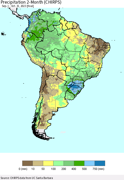South America Precipitation 2-Month (CHIRPS) Thematic Map For 9/1/2023 - 10/31/2023