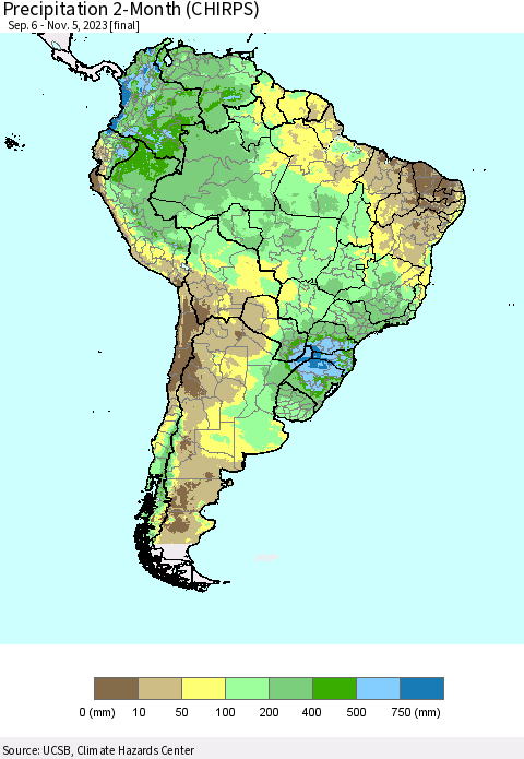 South America Precipitation 2-Month (CHIRPS) Thematic Map For 9/6/2023 - 11/5/2023