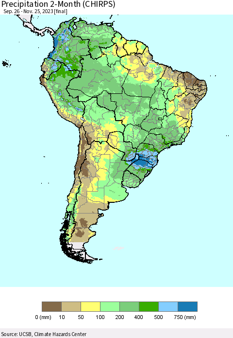 South America Precipitation 2-Month (CHIRPS) Thematic Map For 9/26/2023 - 11/25/2023