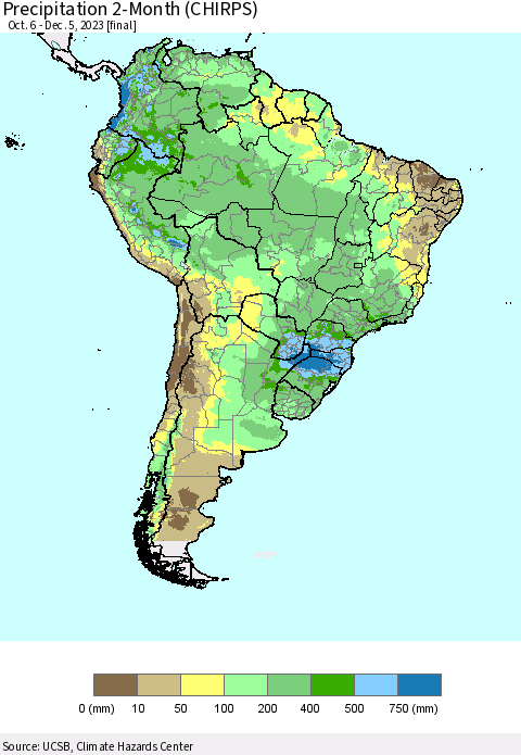 South America Precipitation 2-Month (CHIRPS) Thematic Map For 10/6/2023 - 12/5/2023