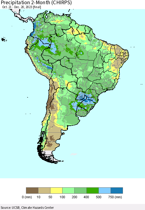 South America Precipitation 2-Month (CHIRPS) Thematic Map For 10/21/2023 - 12/20/2023