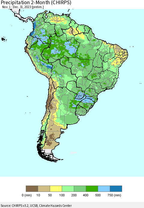 South America Precipitation 2-Month (CHIRPS) Thematic Map For 11/1/2023 - 12/31/2023