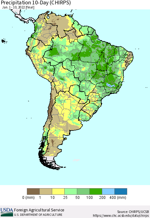 South America Precipitation 10-Day (CHIRPS) Thematic Map For 1/1/2022 - 1/10/2022