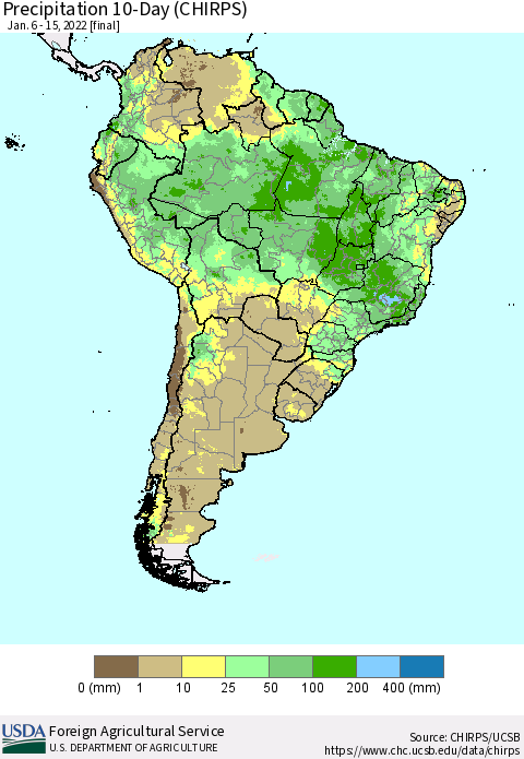South America Precipitation 10-Day (CHIRPS) Thematic Map For 1/6/2022 - 1/15/2022