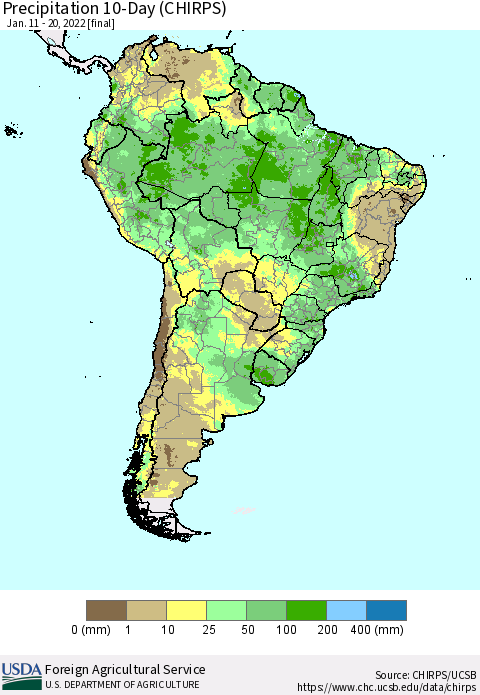 South America Precipitation 10-Day (CHIRPS) Thematic Map For 1/11/2022 - 1/20/2022