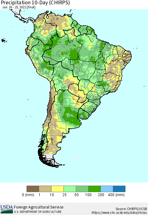 South America Precipitation 10-Day (CHIRPS) Thematic Map For 1/16/2022 - 1/25/2022
