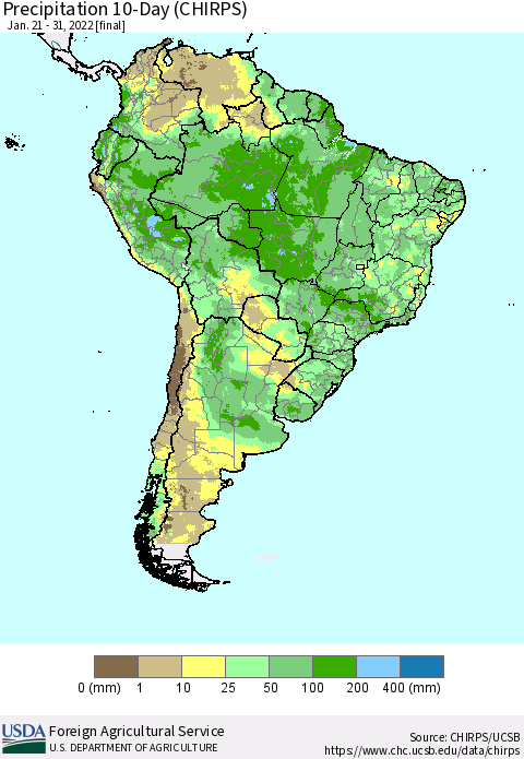 South America Precipitation 10-Day (CHIRPS) Thematic Map For 1/21/2022 - 1/31/2022