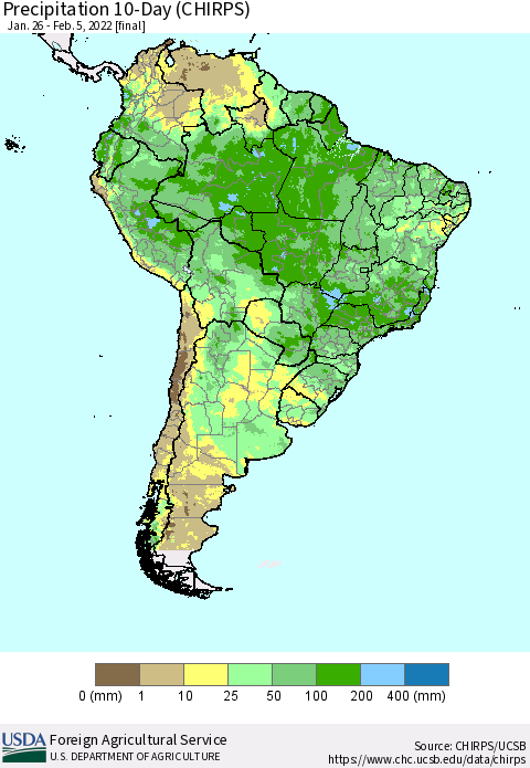 South America Precipitation 10-Day (CHIRPS) Thematic Map For 1/26/2022 - 2/5/2022