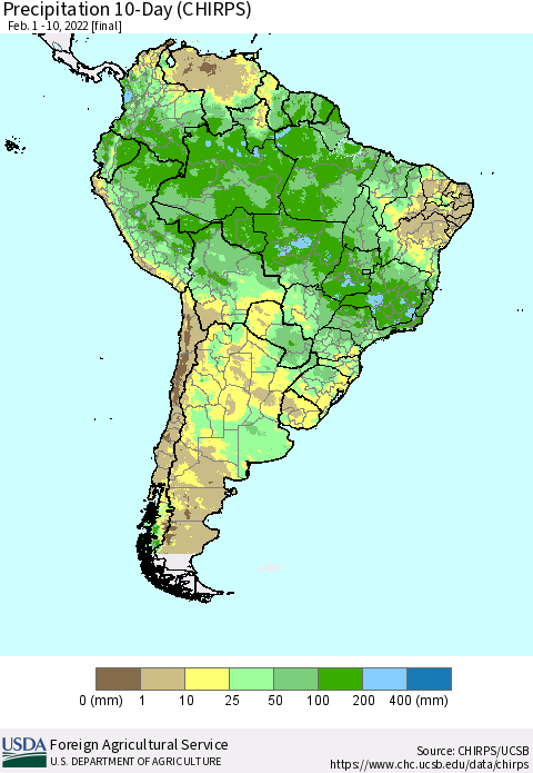 South America Precipitation 10-Day (CHIRPS) Thematic Map For 2/1/2022 - 2/10/2022