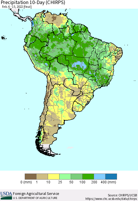 South America Precipitation 10-Day (CHIRPS) Thematic Map For 2/6/2022 - 2/15/2022