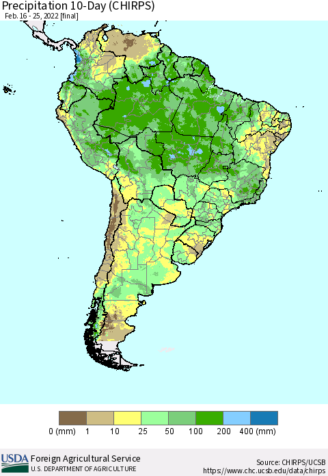 South America Precipitation 10-Day (CHIRPS) Thematic Map For 2/16/2022 - 2/25/2022