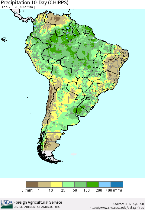 South America Precipitation 10-Day (CHIRPS) Thematic Map For 2/21/2022 - 2/28/2022