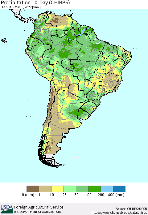 South America Precipitation 10-Day (CHIRPS) Thematic Map For 2/26/2022 - 3/5/2022