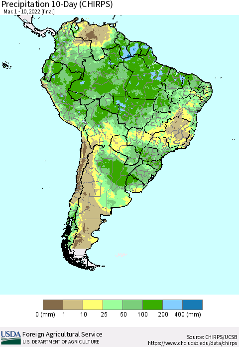South America Precipitation 10-Day (CHIRPS) Thematic Map For 3/1/2022 - 3/10/2022