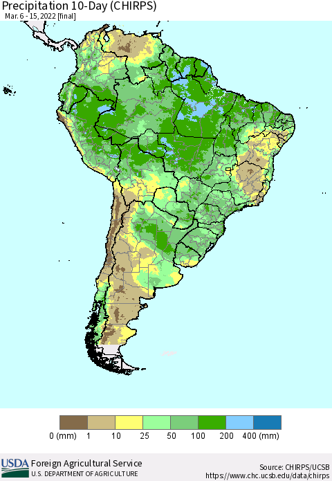 South America Precipitation 10-Day (CHIRPS) Thematic Map For 3/6/2022 - 3/15/2022