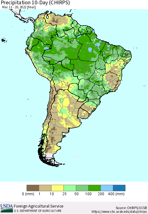 South America Precipitation 10-Day (CHIRPS) Thematic Map For 3/11/2022 - 3/20/2022