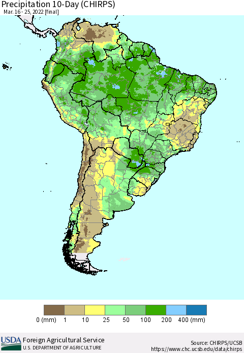 South America Precipitation 10-Day (CHIRPS) Thematic Map For 3/16/2022 - 3/25/2022