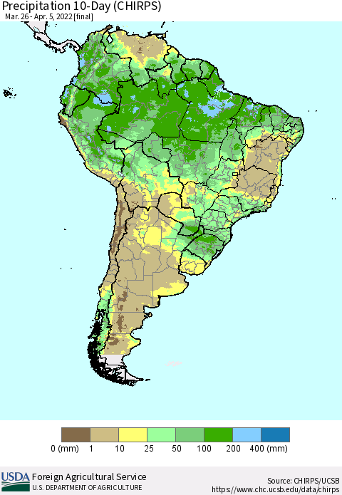 South America Precipitation 10-Day (CHIRPS) Thematic Map For 3/26/2022 - 4/5/2022