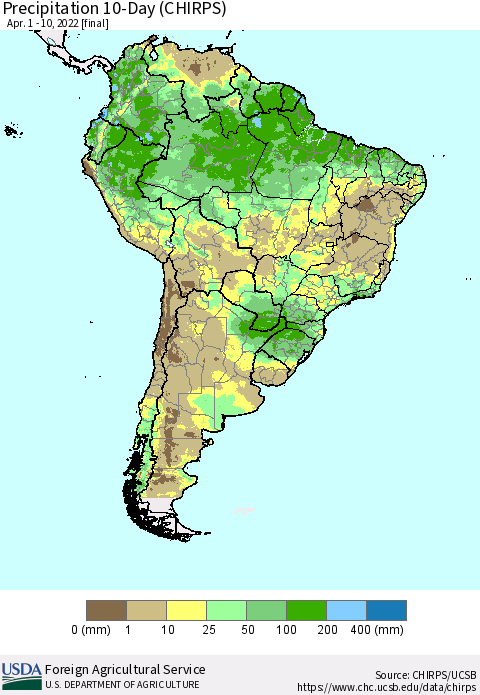 South America Precipitation 10-Day (CHIRPS) Thematic Map For 4/1/2022 - 4/10/2022