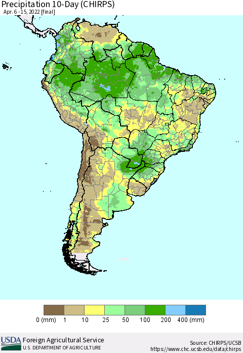 South America Precipitation 10-Day (CHIRPS) Thematic Map For 4/6/2022 - 4/15/2022