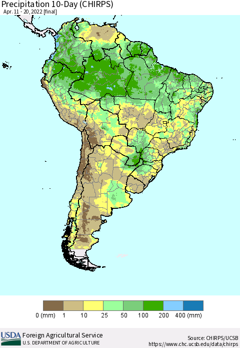 South America Precipitation 10-Day (CHIRPS) Thematic Map For 4/11/2022 - 4/20/2022