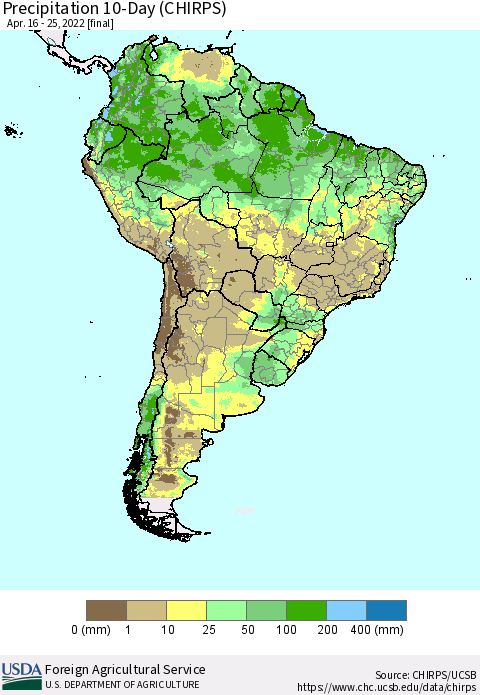 South America Precipitation 10-Day (CHIRPS) Thematic Map For 4/16/2022 - 4/25/2022