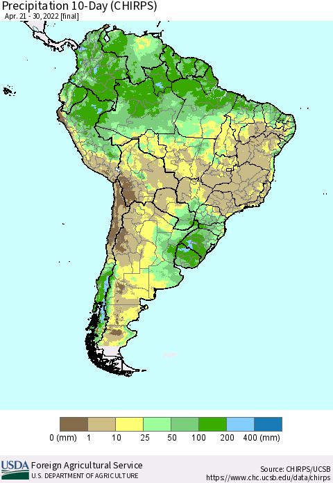 South America Precipitation 10-Day (CHIRPS) Thematic Map For 4/21/2022 - 4/30/2022