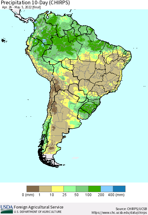South America Precipitation 10-Day (CHIRPS) Thematic Map For 4/26/2022 - 5/5/2022