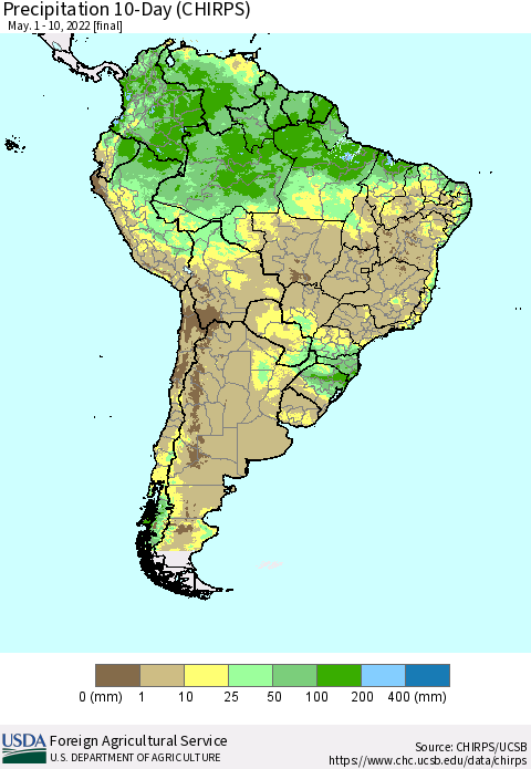 South America Precipitation 10-Day (CHIRPS) Thematic Map For 5/1/2022 - 5/10/2022