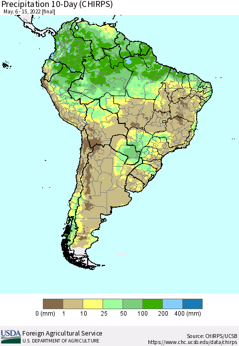 South America Precipitation 10-Day (CHIRPS) Thematic Map For 5/6/2022 - 5/15/2022