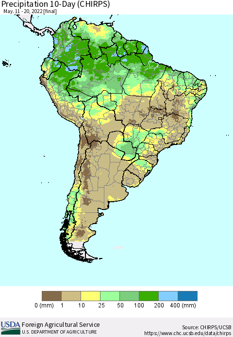 South America Precipitation 10-Day (CHIRPS) Thematic Map For 5/11/2022 - 5/20/2022