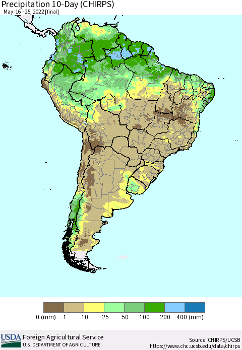 South America Precipitation 10-Day (CHIRPS) Thematic Map For 5/16/2022 - 5/25/2022