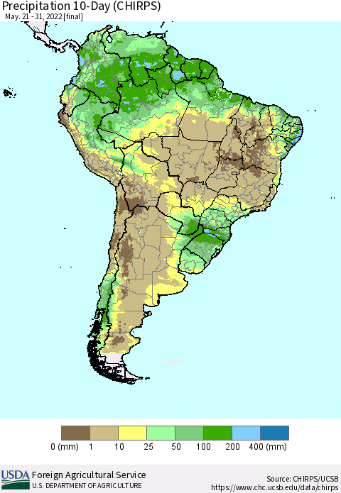 South America Precipitation 10-Day (CHIRPS) Thematic Map For 5/21/2022 - 5/31/2022