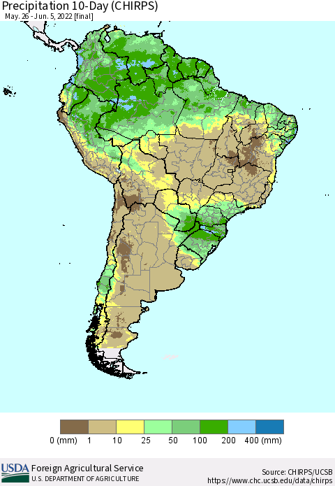 South America Precipitation 10-Day (CHIRPS) Thematic Map For 5/26/2022 - 6/5/2022