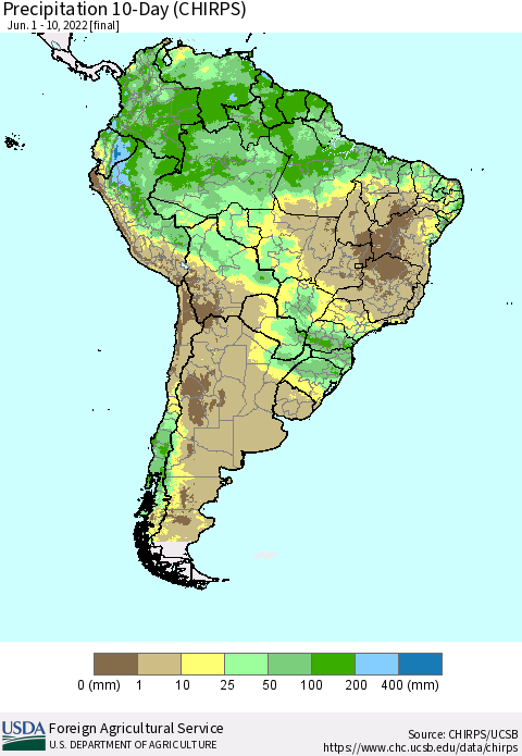 South America Precipitation 10-Day (CHIRPS) Thematic Map For 6/1/2022 - 6/10/2022