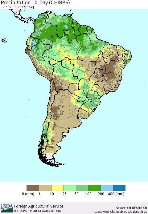 South America Precipitation 10-Day (CHIRPS) Thematic Map For 6/6/2022 - 6/15/2022