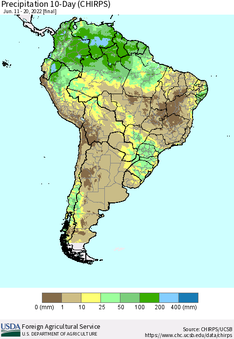 South America Precipitation 10-Day (CHIRPS) Thematic Map For 6/11/2022 - 6/20/2022