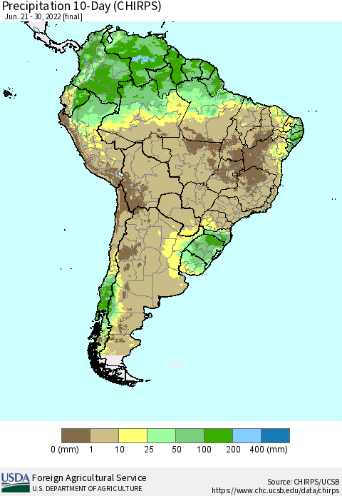 South America Precipitation 10-Day (CHIRPS) Thematic Map For 6/21/2022 - 6/30/2022