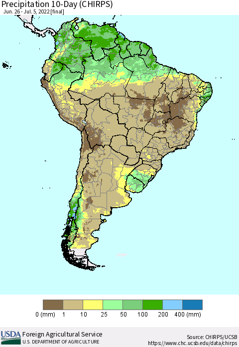 South America Precipitation 10-Day (CHIRPS) Thematic Map For 6/26/2022 - 7/5/2022
