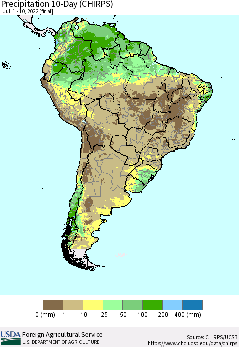 South America Precipitation 10-Day (CHIRPS) Thematic Map For 7/1/2022 - 7/10/2022